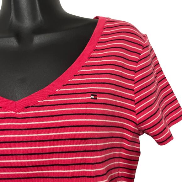 Tommy Hilfiger Womens Size M Red Blue White V Neck Striped Short Sleeve T-Shirt - Picture 4 of 10